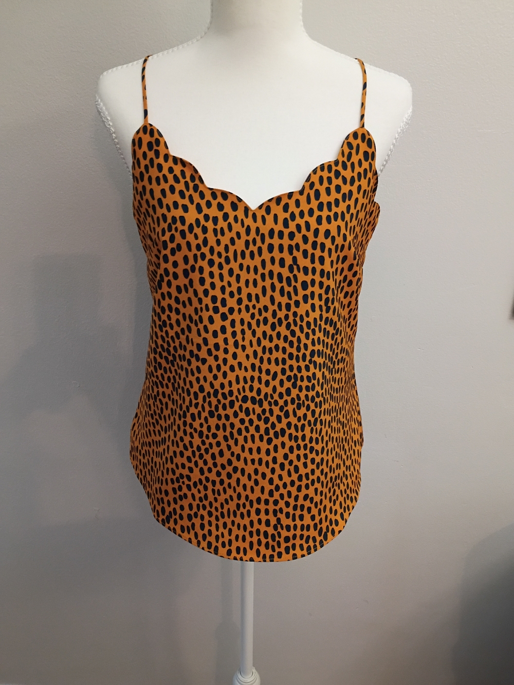 J. Crew Scalloped V-Neck Cami in Mustard with Blue Spots